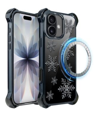 Etui do iPhone 17 IBIZU DropGuard Ultra z MagSafe, Zimowa magia, Płatki śniegu na czarnym lustrze