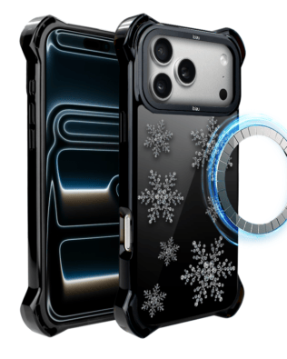 Etui do iPhone 17 Pro IBIZU DropGuard Ultra z MagSafe, Zimowa magia, Płatki śniegu na czarnym lustrze