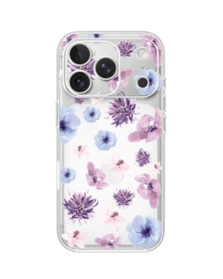 Etui do iPhone 17 Pro Max przeźroczyste, silikonowe Flexi, kwiatki niebieskie, fioletowe