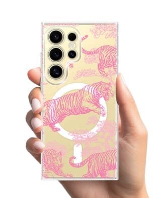 Etui do Samsung Galaxy S24 Ultra z MagSafe przeźroczyste, silikonowe Flexi, Mystic, Różowe tygrysy