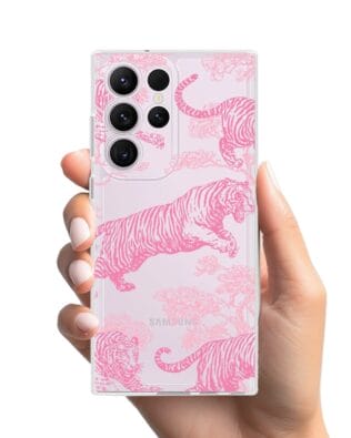 Etui do Samsung Galaxy S23 Ultra przeźroczyste, silikonowe Flexi, Mystic, Różowe tygrysy