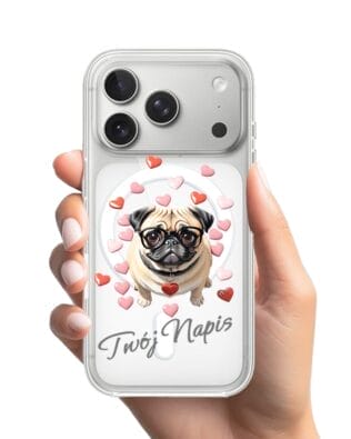 Etui do iPhone 17 Pro Max z MagSafe przeźroczyste, silikonowe Flexi, Puppy Love, pies rasy Mops