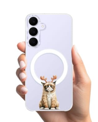 Etui do Samsung Galaxy S25 FE z MagSafe przeźroczyste, silikonowe Flexi, Przytulne święta, Kot który nie chciał być reniferem