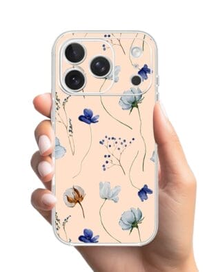 Etui do iPhone 17 Pro przeźroczyste, silikonowe Flexi, Summer Patterns, kwiatki niebieskie na pudrowym tle