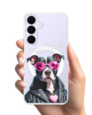 Etui do Samsung Galaxy S25 FE z MagSafe przeźroczyste, silikonowe Flexi, Puppy Love, pies rasy Amstaff