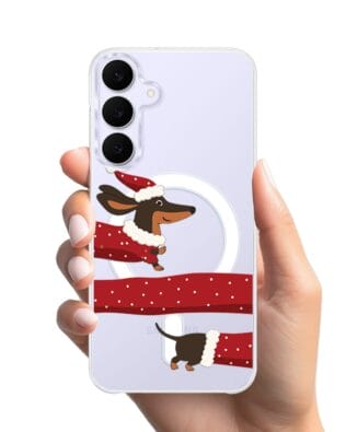 Etui do Samsung Galaxy S25 FE z MagSafe przeźroczyste, silikonowe Flexi, Przytulne święta, świąteczny jamnik