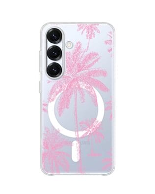 Etui do Samsung Galaxy S25 z MagSafe przeźroczyste, silikonowe Flexi, Mystic, Różowe palmy