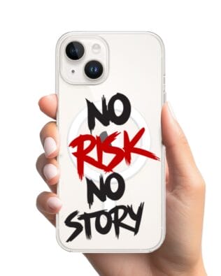 Etui do iPhone 14 Plus z MagSafe przeźroczyste, silikonowe Flexi, Positive Vibes, No Risk No Story