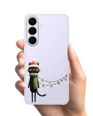 Etui do Samsung Galaxy S25 FE przeźroczyste, silikonowe Flexi, Przytulne święta, Kot przebrany za elfa