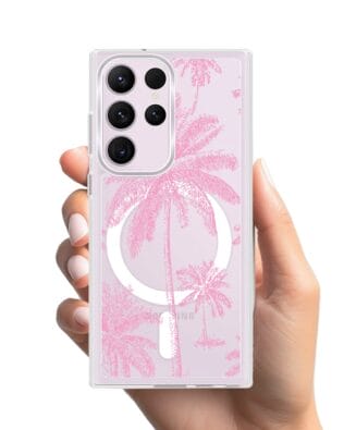 Etui do Samsung Galaxy S23 Ultra z MagSafe przeźroczyste, silikonowe Flexi, Mystic, Różowe palmy