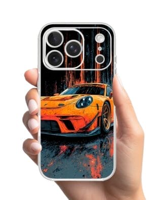 Etui do iPhone 17 Pro Max przeźroczyste, silikonowe Flexi, Szybkie Auta, Pomarańczowa 911