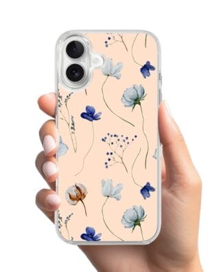 Etui do iPhone 17 z MagSafe przeźroczyste, silikonowe Flexi, Summer Patterns, kwiatki niebieskie na pudrowym tle