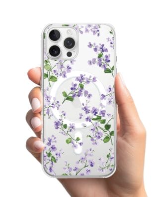 Etui do iPhone 12 Pro Max z MagSafe przeźroczyste, silikonowe Flexi, Fioletowe Bratki