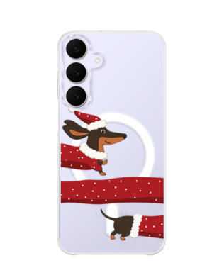 Etui do Samsung Galaxy S25 FE z MagSafe przeźroczyste, silikonowe Flexi, Przytulne święta, świąteczny jamnik