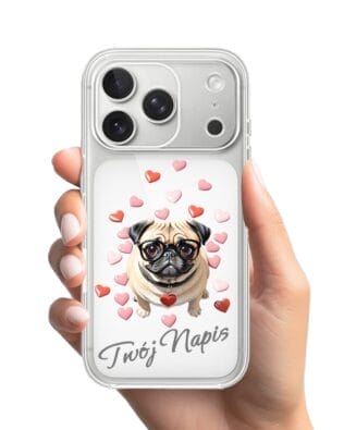 Etui do iPhone 17 Pro przeźroczyste, silikonowe Flexi, Puppy Love, pies rasy Mops