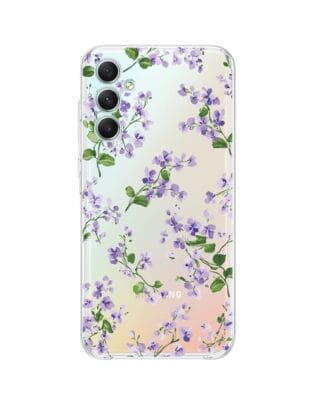 Etui do Samsung Galaxy A34 5G przeźroczyste, silikonowe Flexi, Fioletowe Bratki