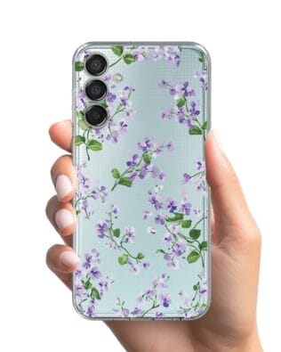 Etui do Samsung Galaxy M15 5G przeźroczyste, silikonowe Flexi, Fioletowe Bratki