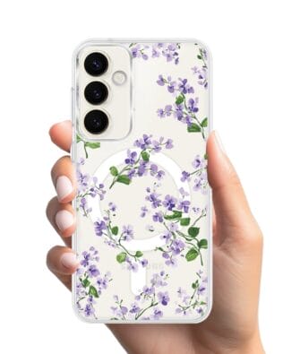 Etui do Samsung Galaxy S23 z MagSafe przeźroczyste, silikonowe Flexi, Fioletowe Bratki