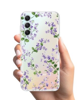 Etui do Samsung Galaxy A34 5G przeźroczyste, silikonowe Flexi, Fioletowe Bratki