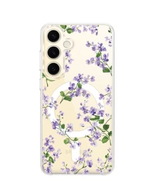 Etui do Samsung Galaxy S24 z MagSafe przeźroczyste, silikonowe Flexi, Fioletowe Bratki