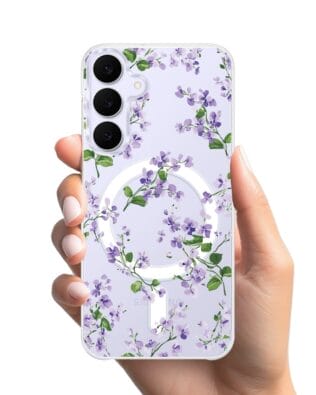Etui do Samsung Galaxy S25 FE z MagSafe przeźroczyste, silikonowe Flexi, Kwiaty, Fioletowe Bratki