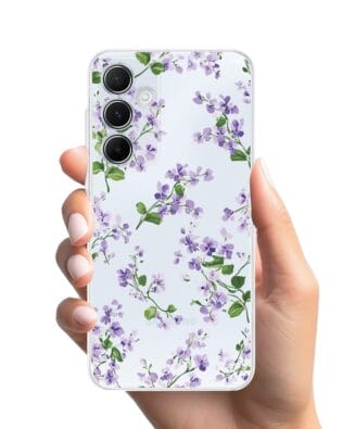 Etui do Samsung Galaxy A55 5G przeźroczyste, silikonowe Flexi, Fioletowe Bratki