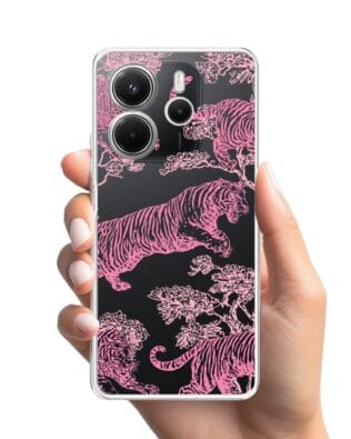 Etui do Xiaomi Redmi Note 14 4G przeźroczyste, silikonowe Flexi, Mystic, Różowe tygrysy