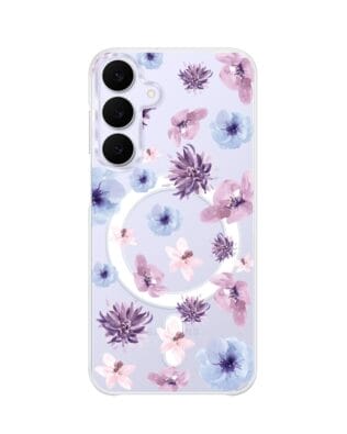 Etui do Samsung Galaxy S25 FE z MagSafe przeźroczyste, silikonowe Flexi, kwiatki niebieskie, fioletowe