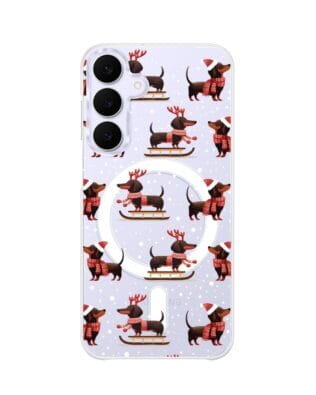 Etui do Samsung Galaxy S25 FE z MagSafe przeźroczyste, silikonowe Flexi, Przytulne święta, Jamniki na saniach