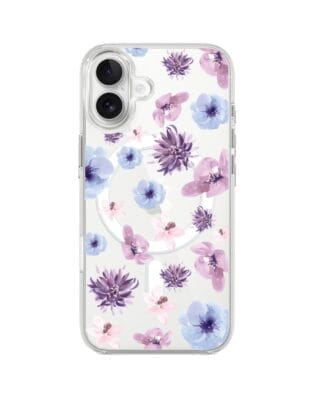 Etui do iPhone 17 z MagSafe przeźroczyste, silikonowe Flexi, kwiatki niebieskie, fioletowe