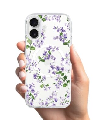 Etui do iPhone 16 z MagSafe przeźroczyste, silikonowe Flexi, Fioletowe Bratki