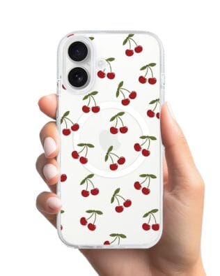Etui do iPhone 16 z MagSafe przeźroczyste, silikonowe Flexi, Mini Patterns, Wiśnie