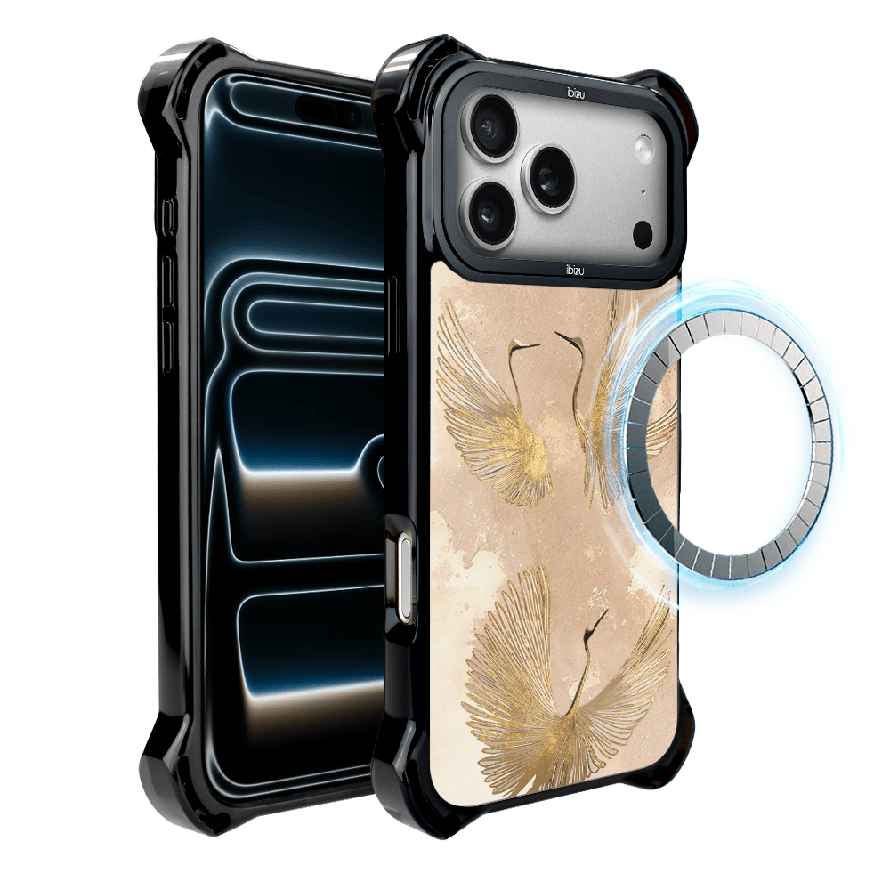 Etui do iPhone 17 Pro Max IBIZU DropGuard Ultra z MagSafe, Boho, Złote żurawie