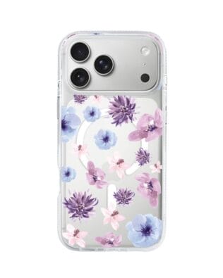 Etui do iPhone 17 Pro Max z MagSafe przeźroczyste, silikonowe Flexi, kwiatki niebieskie, fioletowe