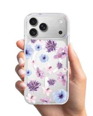 Etui do iPhone 17 Pro Max z MagSafe przeźroczyste, silikonowe Flexi, kwiatki niebieskie, fioletowe