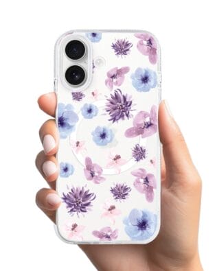 Etui do iPhone 17 z MagSafe przeźroczyste, silikonowe Flexi, kwiatki niebieskie, fioletowe