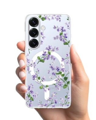 Etui do Samsung Galaxy S25 z MagSafe przeźroczyste, silikonowe Flexi, Fioletowe Bratki