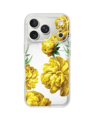 Etui do iPhone 17 Pro przeźroczyste, silikonowe Flexi, żółte piwonie