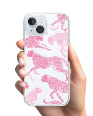 Etui do iPhone 15 Plus przeźroczyste, silikonowe Flexi, Mystic, Różowe pumy