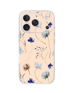Etui do iPhone 17 Pro Max przeźroczyste, silikonowe Flexi, Summer Patterns, kwiatki niebieskie na pudrowym tle