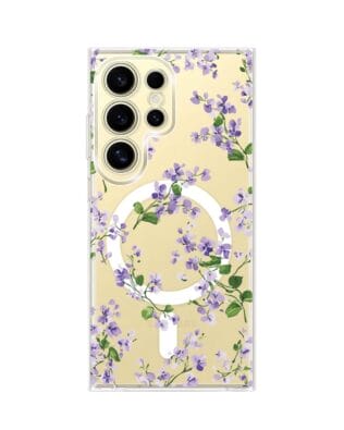 Etui do Samsung Galaxy S24 Ultra z MagSafe przeźroczyste, silikonowe Flexi, Fioletowe Bratki