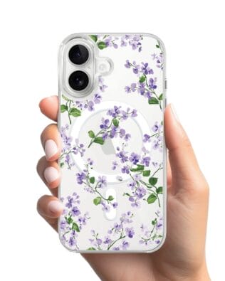 Etui do iPhone 16 z MagSafe przeźroczyste, silikonowe Flexi, Fioletowe Bratki