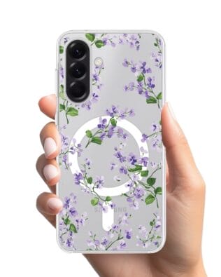 Etui do Samsung Galaxy A56 5G z MagSafe przeźroczyste, silikonowe Flexi, Fioletowe Bratki