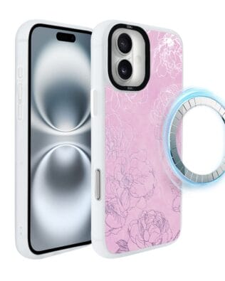 Etui do iPhone 16 IBIZU DropGuard Matt z MagSafe, Relief Garden, Różowe piwonie, białe