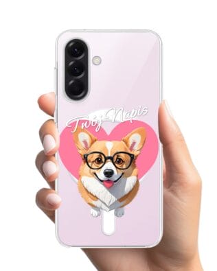 Etui do Samsung Galaxy A57 z MagSafe przeźroczyste, silikonowe Flexi, Puppy Love, pies rasy Corgi