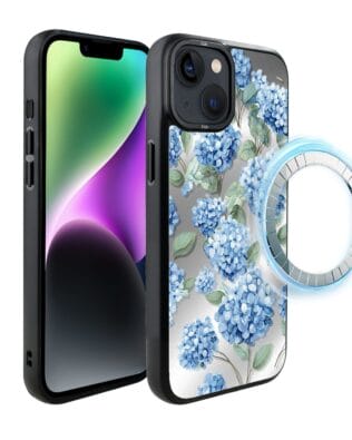 Etui do iPhone 14 IBIZU DropGuard Matt z MagSafe, Relief Garden, Szafirowa hortensja