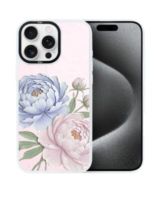 Etui do iPhone 15 Pro Max IBIZU DropGuard Matt z MagSafe, Relief Garden, Piwoniowy róż, białe