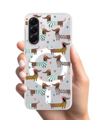 Etui do Samsung Galaxy A57 z MagSafe przeźroczyste, silikonowe Flexi, zakochane jamniki