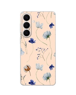 Etui do Samsung Galaxy S26 Plus przeźroczyste, silikonowe Flexi, kwiatki niebieskie na pudrowym tle