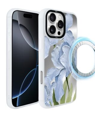 Etui do iPhone 16 Pro Max IBIZU DropGuard Matt z MagSafe, Relief Garden, Błękitny irys, białe